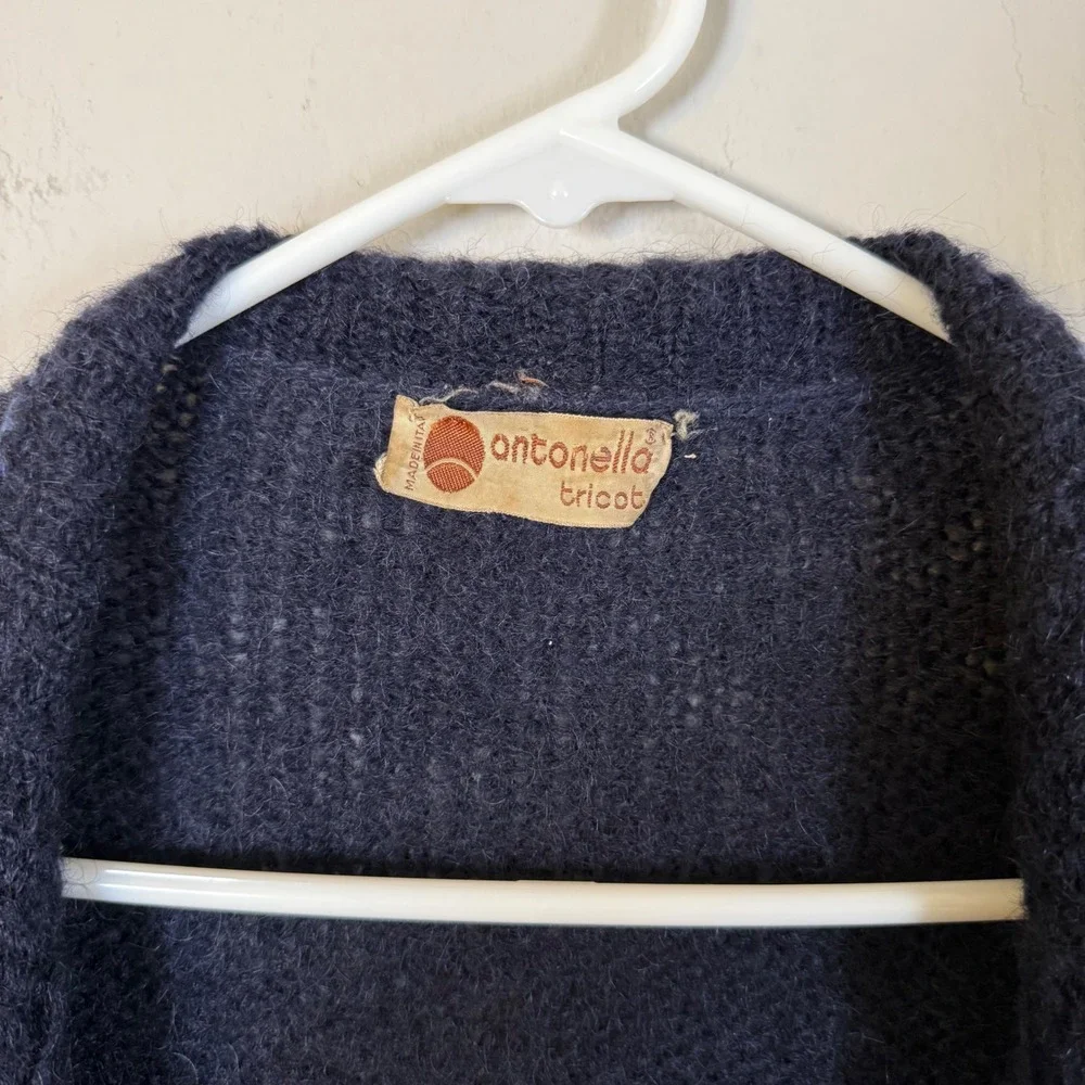Antonella Tricot Vintage Mohair Wool Cardigan Navy Blue Crochet Trim Made‎ Italy